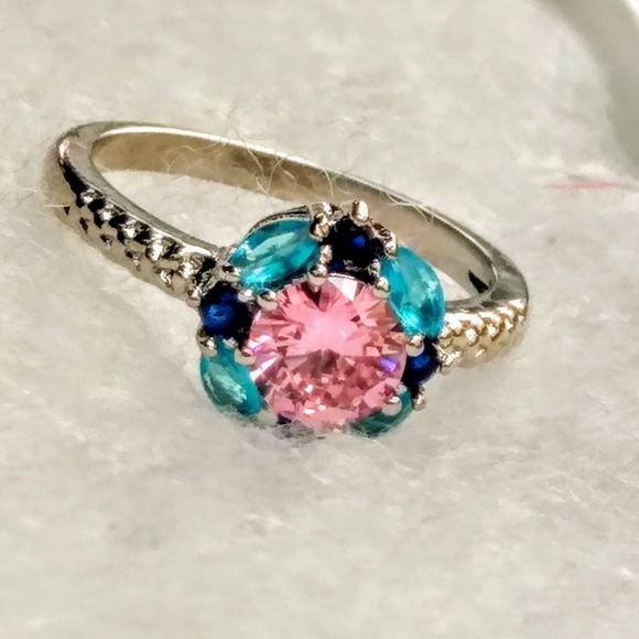 Pink & Blue Sapphires Floral Sterling Silver Ring - Picture 8 of 9